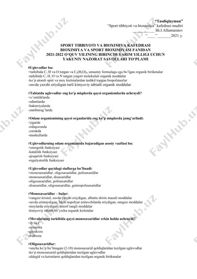 bioximiya va sport bioximiyasi fanidan yakuniy nazorat savollari toplami — DOCX