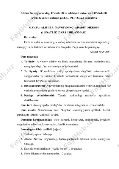 alisher navoiyning adabiy merosi (1 soatlik dars ishlanmasi) — DOCX