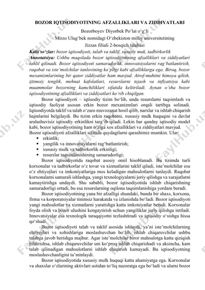 bozor iqtisodiyotining afzalliklari va ziddiyatlari — DOCX