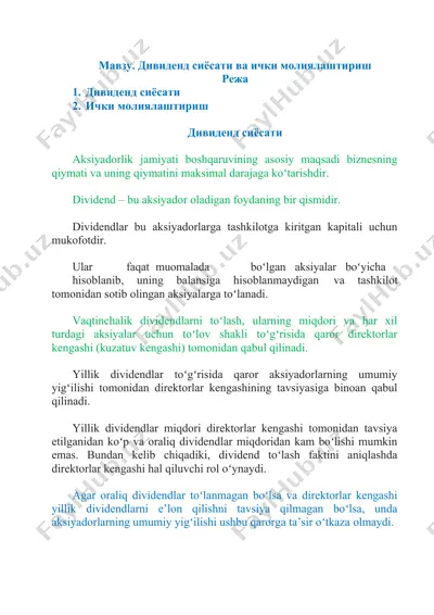 dividend siyosati va ichki moliyalashtirish — DOCX