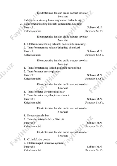 elektrotexnika fanidan oraliq nazorat savollari — DOCX