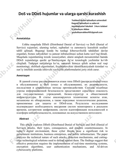 dos va ddos hujumlar va ularga qarshi kurashish — DOCX