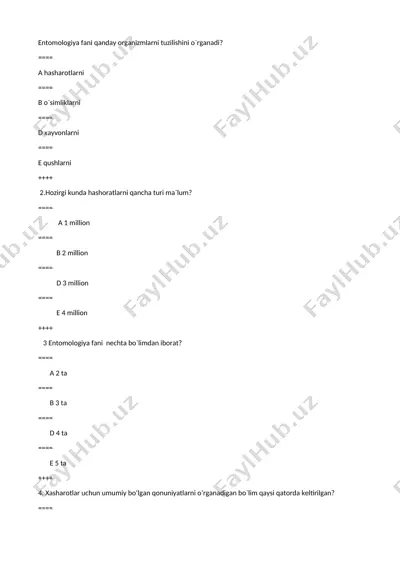 entomologiya fanining asosiy ko‘rsatmalaridan misollar bilan tushunarli darslik — DOCX