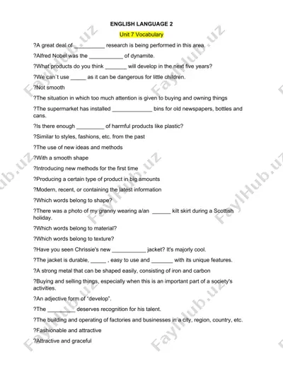 english language 2 unit 7 vocabulary — DOCX