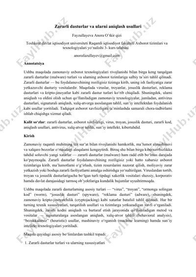 zararli dasturlar va ularni aniqlash usullari — DOCX