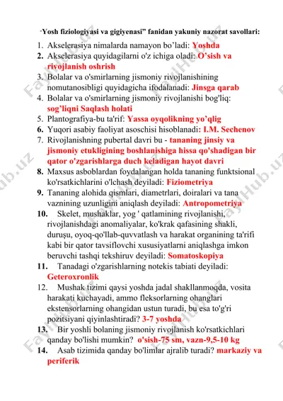 yosh fiziologiyasi va gigiyenasi fanidan yakuniy nazorat savollari — DOCX