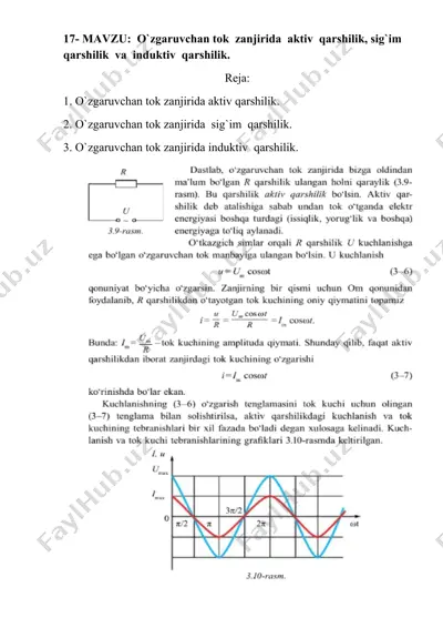 o`zgaruvchan tok zanjirida aktiv qarshilik, sig`im qarshilik va induktiv qarshilik — DOCX