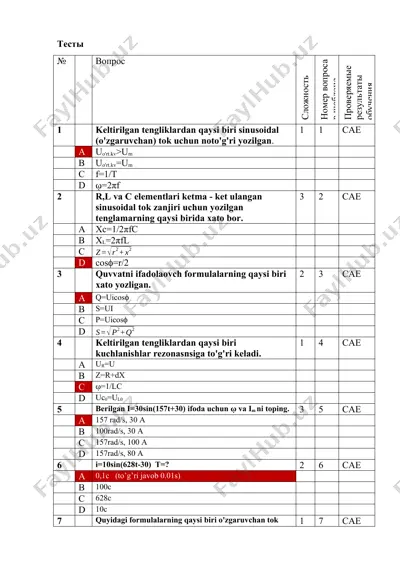 elektronika va sxemalar fani testlari — DOCX