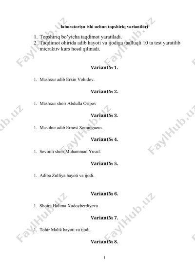 laboratoriya ishi uchun topshiriq variantlari — DOCX