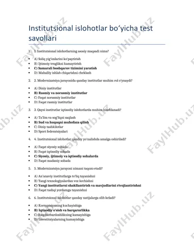 institutsional islohotlar bo‘yicha test savollari — DOCX