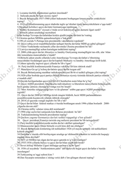 jahon tarixi bo‘yicha test savollari va javoblari — DOCX