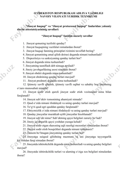 "jinoyat huquqi va jinoyat protsessual huquqi fanlaridan yakuniy davlat attestatsiyasi savollari" — DOCX