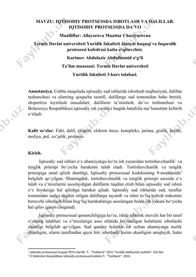 iqtisodiy protsessda isbotlash va dalillar. iqtisodiy protsessda da’vo — DOCX