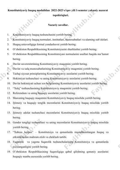 konstitutsiyaviy huquq moduli 2022-2023 o'quv yili 1-semestr yakuniy nazorat topshiriqlari — DOCX