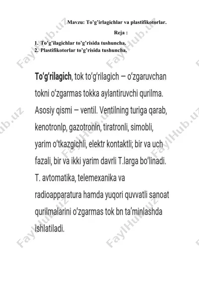 to’g’irlagichlar va plastifikotorlar — DOCX
