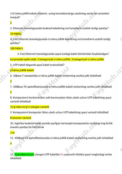 ethernet kabelining xususiyatlari — DOCX