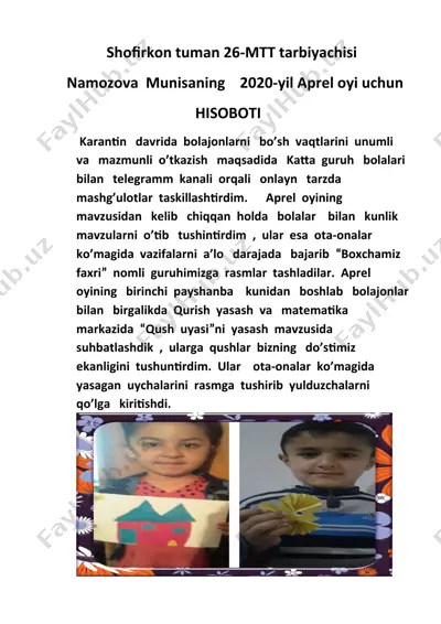 shofirkon tuman 26-mtt tarbiyachisi namozova munisaning 2020-yil aprel oyi uchun hisoboti — DOCX