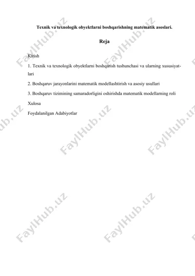 texnik va texnologik obyektlarni boshqarishning matematik asoslari — DOCX