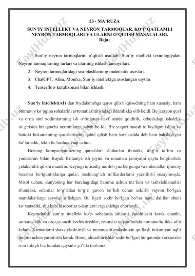sun'iy intellekt va neyron tarmoqlari — DOCX