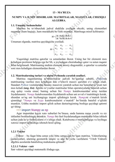 numpy va ilmiy hisoblash. matritsalar, massivlar, chiziqli algebra — DOCX