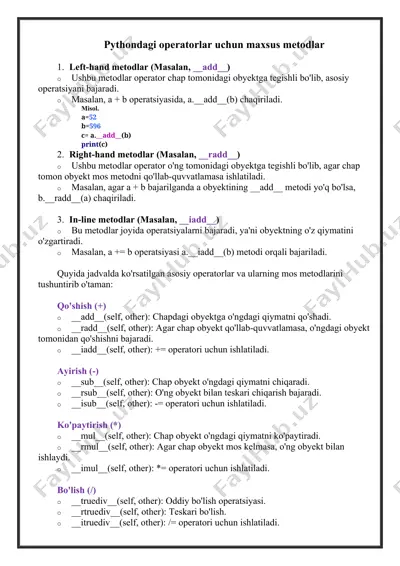 pythondagi operatorlar uchun maxsus metodlar — DOCX