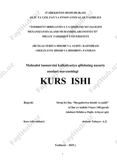 mahsulot tannarxini kalkulyasiya qilishning nazariy asoslari — DOCX