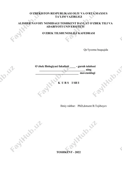 kurs ishi alisher navoiy nomidagi toshkent davlat o‘zbek tili va adabiyoti universiteti o‘zbek tilshunosligi kafedrasida — DOCX
