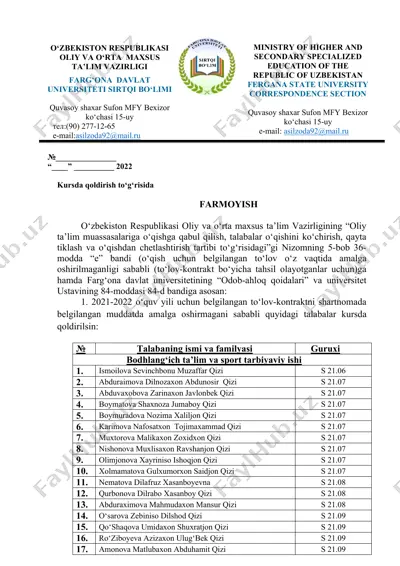 kursda qoldirish to‘g‘risida farmoyish — DOCX