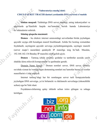 cisco packet tracer dasturi yordamida dns serverni o'rnatish — DOCX