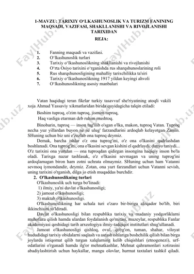 tarixiy o‘lkashunoslik va turizm fanining maqsadi, vazifasi, shakllanishi va rivojlanishi tarixidan — DOCX