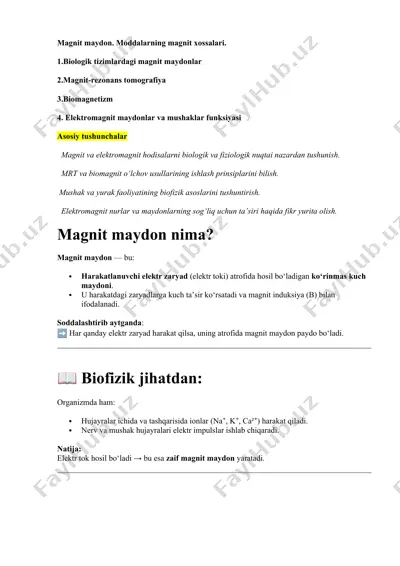 magnit maydon. moddalarning magnit xossalari — DOCX