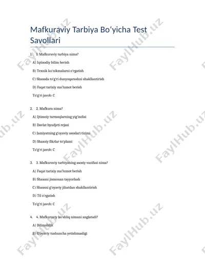 mafkuraviy tarbiya bo‘yicha test savollari — DOCX
