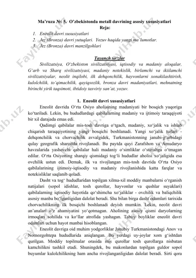 o‘zbekistonda metall davrining asosiy xususiyatlari — DOCX