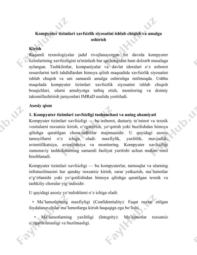 kompyuter tizimlari xavfsizlik siyosatini ishlab chiqish va amalga oshirish — DOCX