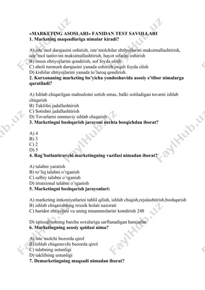 marketing asoslari fandan test savollari — DOCX