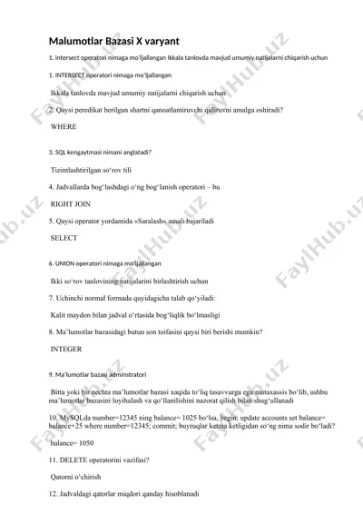 ma'lumotlar bazasi x varyant — DOCX
