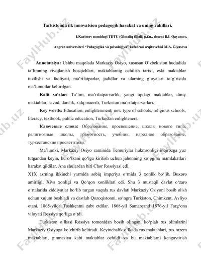 turkistonda ilk innovatsion pedagogik harakat va uning vakillari — DOCX