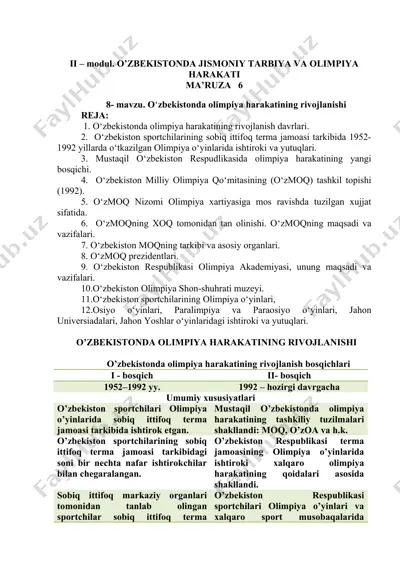 o'zbekistonda jismoniy tarbiya va olimpiya harakati — DOCX