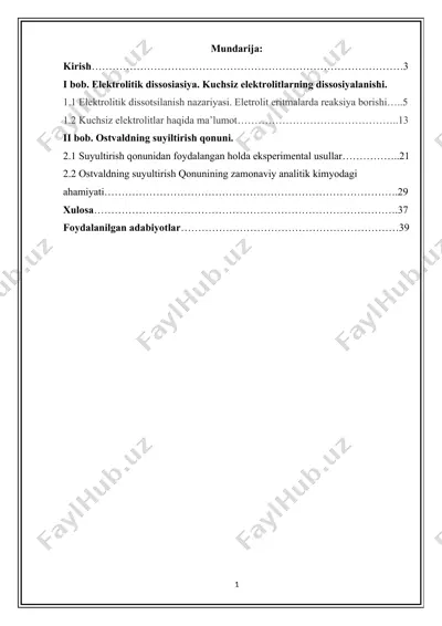 elektrolitik dissosiasiya. kuchsiz elektrolitlarning dissosiyalanishi. — DOCX