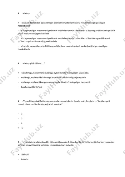 mashq va darslarning o‘quvchilarni bilimlarni mustaxkamlash va rivojlantirishga yo‘naltirish — DOCX