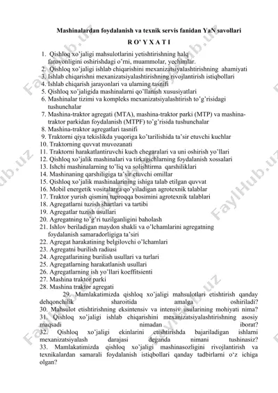 mashinalardan foydalanish va texnik servis fanidan yan savollari — DOCX