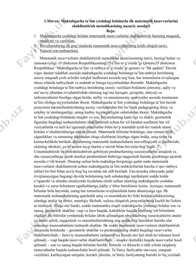 maktabgacha ta'lim yoshdagi bolalarda ilk matematik tasavvurlarini shakllantirish metodikasining nazariy asoslari — DOCX
