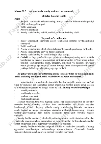 korxonalarda asosiy vositalar va nomoddiy aktivlar holatini tahlili — DOCX