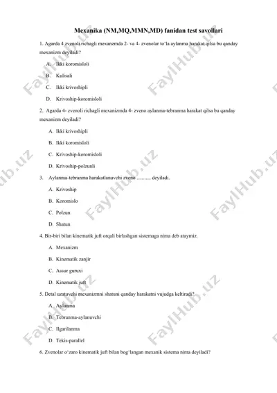 mexanika (nm,mq,mmn,md) fanidan test savollari — DOCX