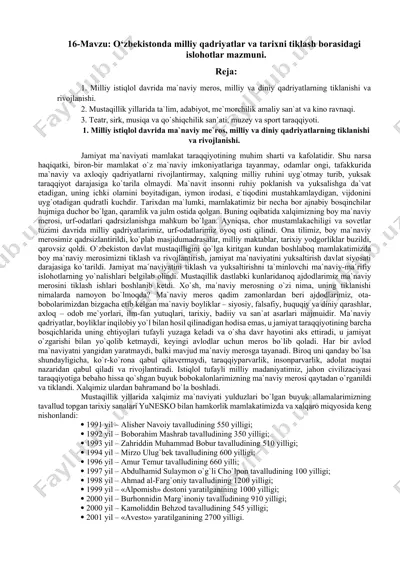 o‘zbekistonda milliy qadriyatlar va tarixni tiklash borasidagi islohotlar mazmuni — DOCX