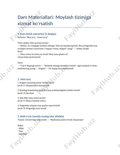 dars materiallari: moylash tizimiga xizmat ko‘rsatish — DOCX