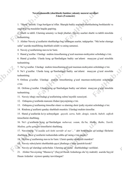 navoiyshunoslik (sharhlash) fanidan yakuniy nazorat savollari — DOCX