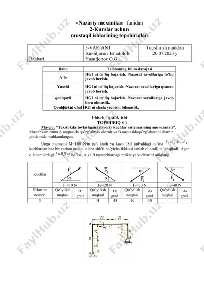 nazariy mexanika fanidan 2-kurslar uchun mustaqil ishlarining topshiriqlari — DOCX