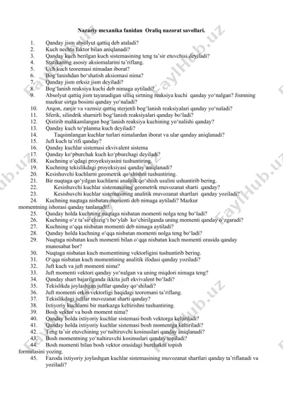 nazariy mexanika fanidan oraliq nazorat savollari — DOCX