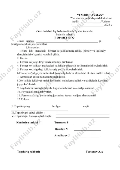 "yer tuzishni loyihalash fani bo'yicha kurs ishi topshiriqi" — DOCX